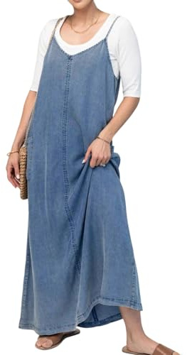 loveimgs Maxi Abito da Donna in Denim con Spalline Sottili Vintage, Abito Lungo in Jeans, Abito Estivo e Leggero, Blu, XX-Large