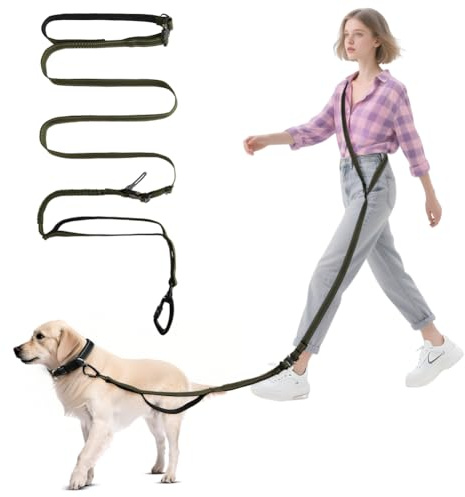 vsshe Correa para Perro con Manos Libres, Correa Cintura Perro para Correr, 190-255CM Cinturón de Cintura Ajustable y Correa Elástica Retráctil, Costura Reflectante para Caminar, Trotar（Verde Militar