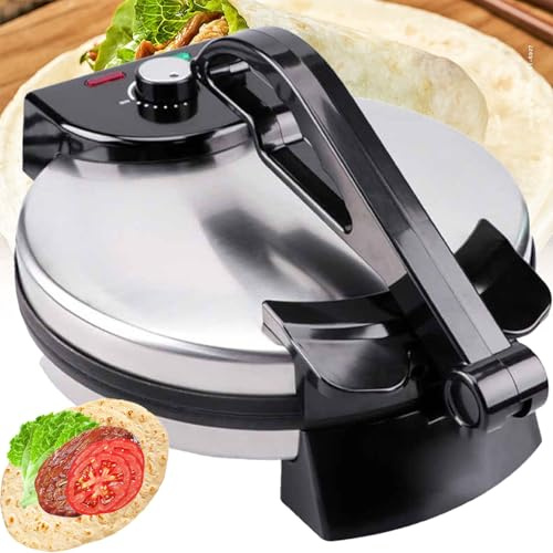 Pressa elettrica per tortilla da 1800 W, 30,5 cm, in acciaio inox, antiaderente, manico anti-scottatura, indicatore luminoso per tortilla e pane Naan