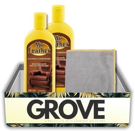 GROVE Mr. Leather Original Scent Cleaner and Conditioner 8 oz Liquid 2x Bundle with Microfiber Towel – Cleans, Conditions, and Preserves Leather Surfaces – Gift Set (3 Items)