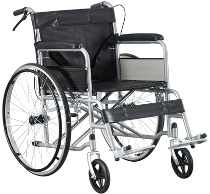 BSTSEL Folding Wheelchair Self Propelled Travel Transit Mobility Aid with Adjustable Footrests with Handbrakes Self Parking Brake Indoor Outdoor Use 18“ Wide Seat (Silver Frame)