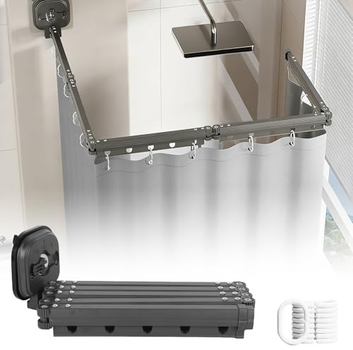 Asta per tenda da doccia senza fori, con tenda da doccia e anelli, pieghevole a 360°, in alluminio, per doccia a forma di L e doccia angolare, pieghevole e salvaspazio (grigio, 5 elementi)
