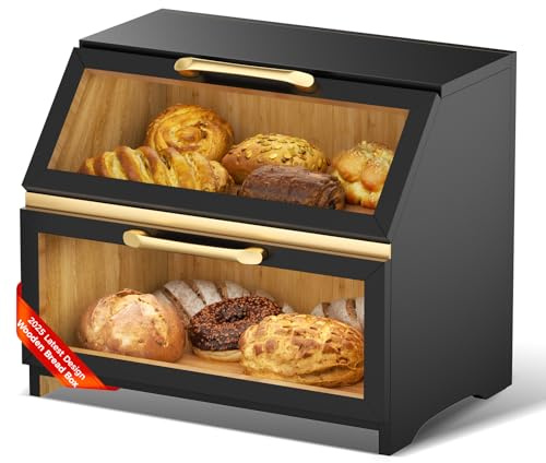 Mihoho Double Layer Wooden Bread Box for Kitchen Counter, Large Bread Storage Container for Homemade Bread, Farmhouse Breadbox Organizer for Kitchen Counter Corner, Cabinet, Pantry (Black K)
