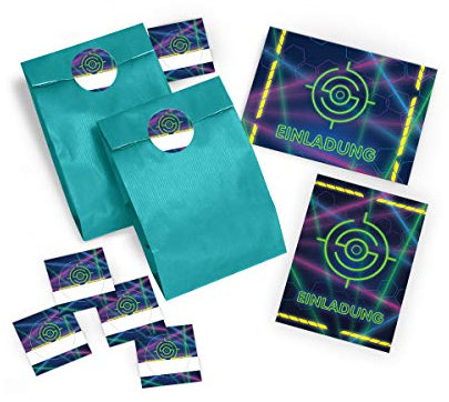 8 Einladungskarten Geburtstag Kinder Lasertag für Mädchen Jungen incl. 8 Umschläge, 8 Tüten / türkis, 8 Aufkleber Jungs Einladungen Kindergeburtstag Geburtstagseinladungen Set Partyset Kartenset Party