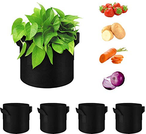 WHATWEARS 5-Pack 5 Gallon Plant Grow Bags, Thickened Nonwoven Fabric Pots with Handles, Vegetable Planter Bags Containers, Cloth Planters for Garden Vegetable/Flower/Plant/Fruits Outdoor (Black)