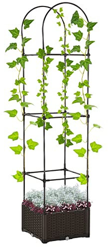 Outsunny Fioriera da Esterno con Vaso Autoirrigante e Griglia Scaffale per Piante Rampicanti Marrone e Nero, 40x40x177cm