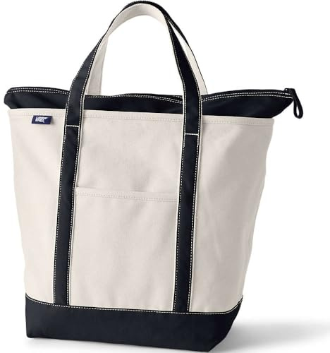 Lands' End Natural Zip Top Canvas Tote Bag Natural/black Regular Handle