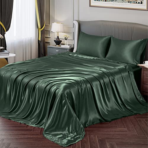 Vonty, Juego de sábanas de satén de tamaño de Cama Doble, sedosas, Suaves, 1 sábana Bajera de esquinera Profunda + 1 sábana encimera + 2 Fundas de Almohada, Color Verde Bosque