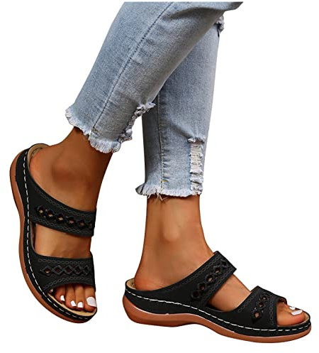 TBTB Sandales Femme Été Confortable Élégantes Pantoufles Bohème Ete Pied Large Cuir Tongs Sandales Chic Élégante Vacances Compensées Bout Ouvert Mules Chaussures de Plage, Le Noir, 41 EU