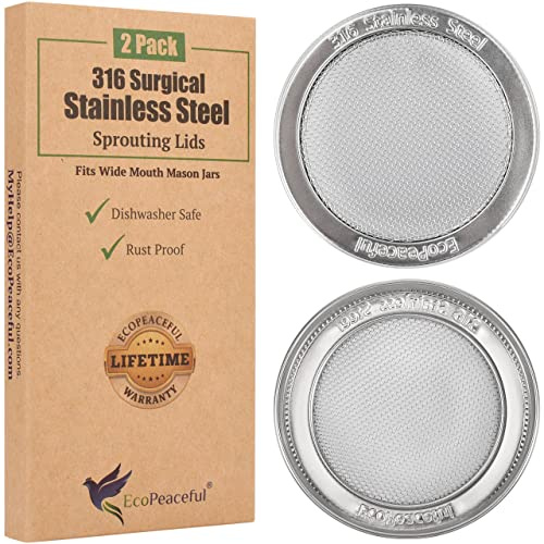 2 Pack ONE-PIECE 316 Surgical Stainless Steel Sprouting Lids for Wide Mouth Mason Jar (Ball Kerr) - One-Piece- Strainer Mesh Lids - Rust-Proof