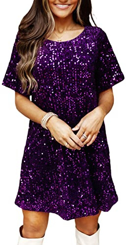 FeMereina Vestido camisero suelto de lentejuelas para mujer, cuello redondo, manga corta, babydoll brillante, mini vestido con purpurina para salir, vestido de fiesta brillante, Morado (, M