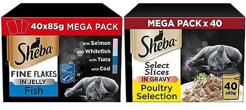 Sheba Fine Flakes in Jelly – Fish Collection – Wet Cat Food Pouches for Adult Cats – (40 x 85 g) & Select Slices Poultry Collection in Gravy 40 Pouches, Adult Wet Cat Food, Megapack (40 x 85 g)