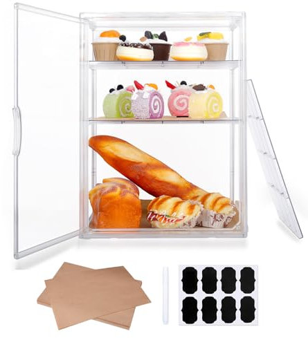 Wuciray Large Clear Bread Bin Large Double Decker Plastic Clear Bread Box Acrylic Bread Storage Containers Bread Bin with 50 Paper for Kitchen Countertop Keep Bagels and Rolls Fresh