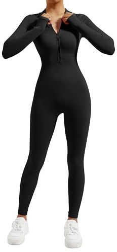 DOULAFASS Mono completo con cremallera para mujer, de manga larga, para yoga, deporte, todo en uno, mono, #1 negro, XL