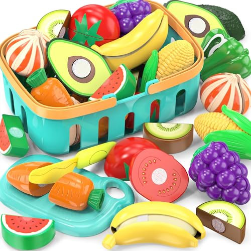 Jouets Aliments pour Enfants pour découper et Jouer, Accessoires factices de dînette, Ensemble de Faux Fruits/légumes avec Panier de Rangement, Planche et Couteau en Plastique, Cadeaux d'anniversaire