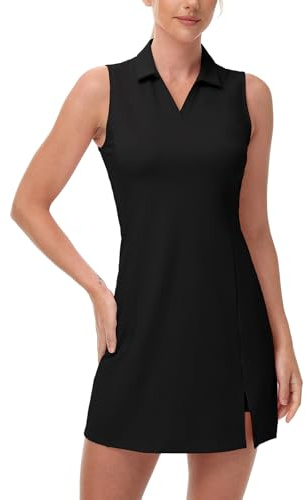BGOWATU Tennis Dress for Women with Shorts, Golf Polo Dress Sleeveless Collared V Neck Athletic Dress Side Slit Sports Dress Black M