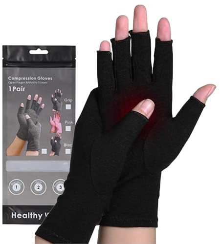 Guanti a compressione per artrite in bambù, per uomini e donne, senza dita, per tunnel carpale, polso, mano, per dolori da artrite (nero, L)