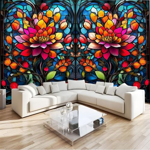 308 x 220 cm Papel pintado mural Color Arte Papel tapiz Fotomural Planta Abstracta Flores En Una Ventana De Vidrio, Moderna Decoración Tejido no Tejido Decoración De Pared Sala Cuarto