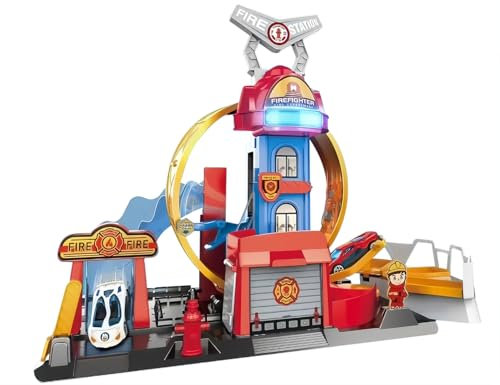 Charmofun City Coffret Circuit Looping de Pompiers, Set Circuit Voitures avec 4 Voitures, Une Piste Élévatrice et des Effets Lumineux et Sonores, Jouet de Circuits Lanceur Enfant – dès 4 Ans