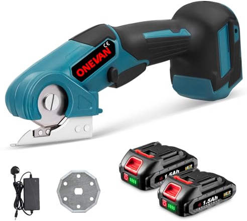 Cordless Electric Scissors Rechargeable Fabric Scissors - 40mm Blade Diameter, 6mm Max Cutting Thickness, for Carpet, Leather, Felt with 1 Replacement Blade