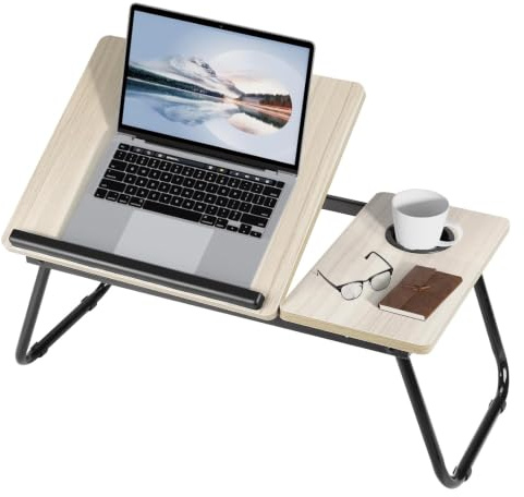 Warmiehomy Tilt Laptop Table with Legs, Foldable Bed Table, Beige | Adjustable Laptop Desk with Cup Holder&Tablet Slot. Small desk on Bed or Sofa for Breakfast, Working, Reading.