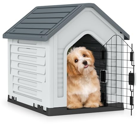 COSTWAY Caseta de Plástico para Perros, Refugio para Mascotas Impermeable con Puerta Metálica con Cerradura, Techo Inclinado y Rejillas de Ventilación, Caseta Perro para Interior y Exterior (Gris)