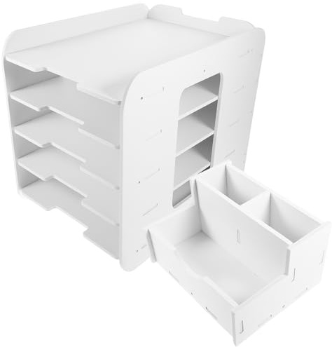 ABOOFAN Organiseur De Bureau A4 Multi-Niveaux en Bois-Plastique, Présentoir à Documents Empilable 5 Étagères, Rangement pour Bureau, Salle D'étude Ou Étudiante