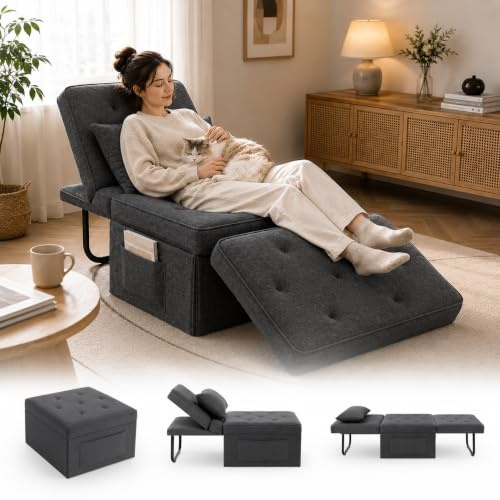 FLEXISPOT Sofa Bed, 4-in-1 Folding Convertible Single Sofa Chair, Folding Ottoman with 6 Position Adjustable Backrest and Pillow for Living Room and Bedroom,Gray