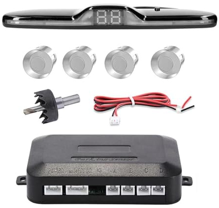 Parkeringssensorer Bil Backradar Parkeringssensor Bakgrundsbelysning Parktronic Monitor Display Kit Backup Detektor Assistant 4 Prober(Silver)
