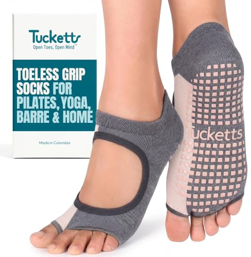 Tucketts Allegro Toeless Non-Slip Grip Socks, Recycled Cotton, Made in Colombia, Mary Jane Style Perfect for Yoga, Barre, Pilates, One Size Fits Most, 1 Pair, Vertical Block Grey/Blush