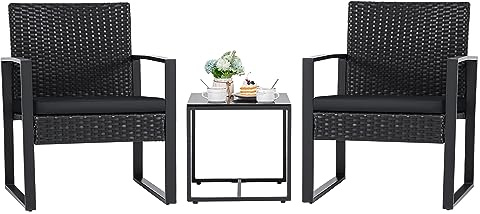 Flamaker 3 Pieces Outdoor Patio Wicker Furniture Set, Modern Rattan Chair Conversation Sets with Coffee Table for Yard and Bistro (Black)