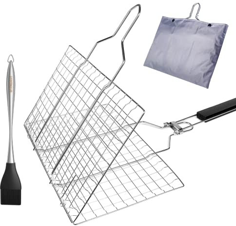 Uong Grillkorb aus Rostfreiem, BBQ Grillkorb Fischbräter/Grillkorb Fischbräter/Grillnetz Camping mit Abnehmbaren Griff | Faltbares Design für Roast Fisch Gemüse Shrimps Meeresfrüchte (32 * 32CM)