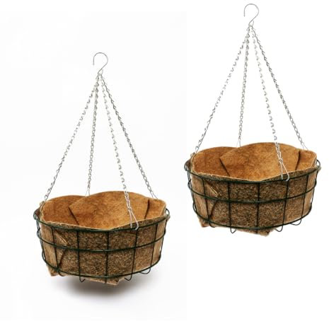 Heavy Duty Wire Hanging Basket, Heavy Duty Flat Bottomed, Large Baskets for flowers, Complete With Thick Jute Wool Liner For Outdoor Garden Porch - (Pack of 2-18 Baskets with liners)