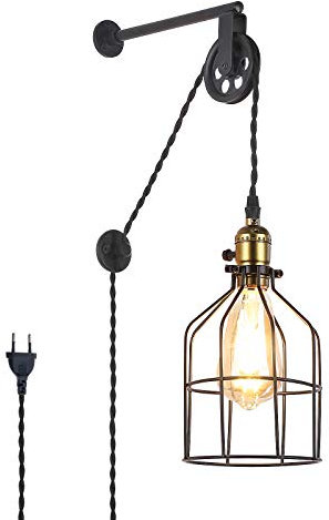 Barcelona LED Retro Vintage-Stil Industrie Leuchte Eisen Wandleuchten mit Stecker Schalter Bronze Eisen Käfig Schatten Riemenscheibe Wandleuchte für Innenbeleuchtung Restaurant Bar Salon