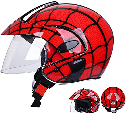 Children's Spider Web Motorcycle Art Helmet - Half Four Seasons Safety Riding Helmet for 2-7 Years Old, Bright Red