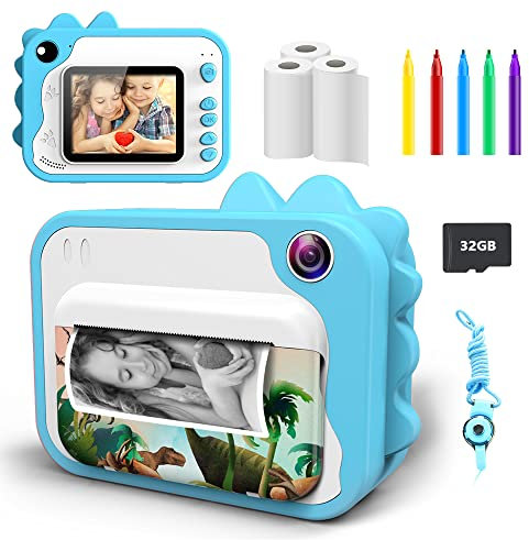 Ukuu Appareil Photo Instantané, 2 Pouces 1080P avec 3 Rouleaux de Papier à Imprimer et 5 Couleurs Stylo Pinceau Cadeau pour Enfant Caméra Vidéo Noir et Blanc avec Carte SD de 32 Go (Blue)