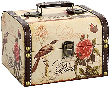 SUMNACON Wooden + PU Leather Storage Box Jewelry Chest, Decorative Trinket Box Keepsakes Chest with Handle, Treasure Box Organizer for Gift (Bird Flower Pattern)