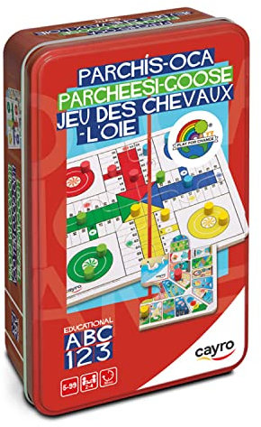 Cayro - Parchís y Oca - + 5 Años - Caja Metálica - Juego Divertido de Mesa para Niños y Adultos - Tablero, Cubiletes y Fichas de Madera - 2 a 4 Jugadores