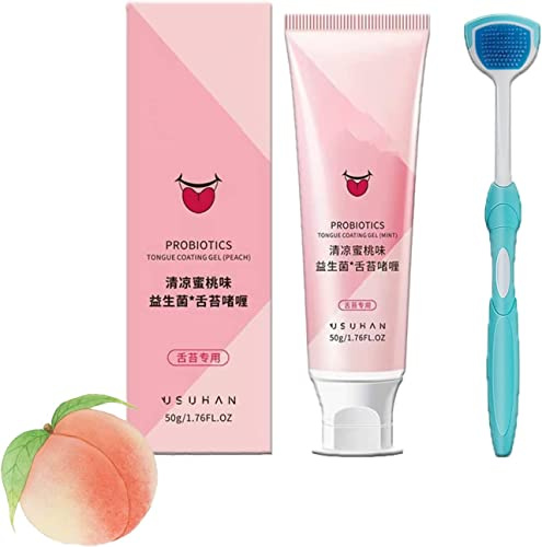 Pennello per l'igiene orale e gel detergente per la lingua, set di gel per la pulizia della lingua probiotico, con pennello più pulito per mantenere la salute orale (Peach)