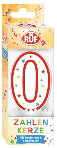 RUF Candela numerica numero 0, candela di compleanno rossa con stelline colorate, di alta qualità, con protezione antigoccia, ideale come decorazione per torte, 1 pezzo