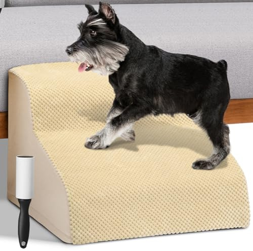 BAKAJI Échelle pour Animaux domestiques avec 2 marches et Rouleau, revêtement Amovible en Tissu côtelé, Rampe pour Chats et Chiens âgés, échelle de Rembourrage en Mousse Haute densité (Beige)