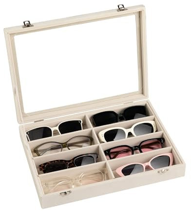 Frebeauty Sunglass Organiser,Velvet Glasses Organiser,8-Slot Sunglasses Tray with Clear Lid,Men's/Women's Sunglasses Box,Sunglass Case,13.3 x 9.6 x 2.2 Inches,Eyeglass/Eyewear Display Tray(Beige)