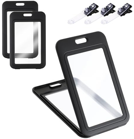 3 Pack ID Badge Holder with Plastic Clip, Double-Sided Clear Vertical Badge Holder Hard Black Name Badge Holders Card Protector Pouch Plastic Case for Office School ID Credit Cards
