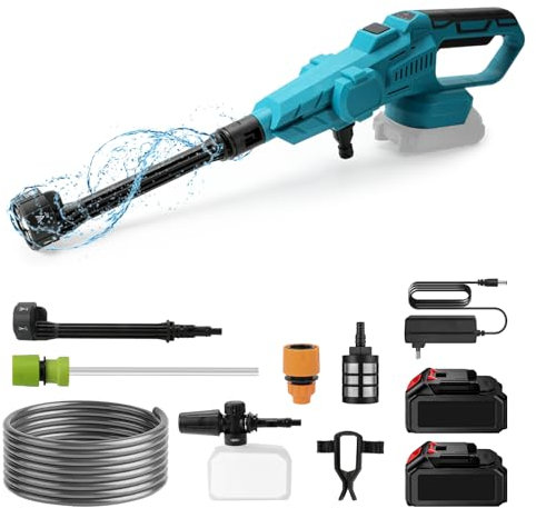 Pulitore ad alta pressione, 100 bar, per Makita 18 V, batteria portatile, motore senza spazzole, 380 l/h (6,3 l/min), con batterie da 15000 mA, per auto, casa, prato, giardino, recinzione (con 2
