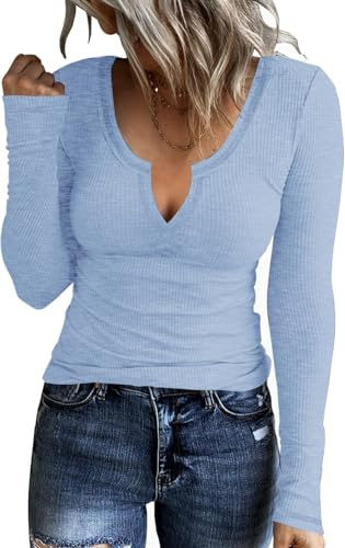 TrendiMax T-Shirt à Manches Longues et col en V côtelé pour Femme Y2k Fitting Basic Top Slim Fit T-Shirts Y2k Fitting Basic Top Slim Fit T-Shirts