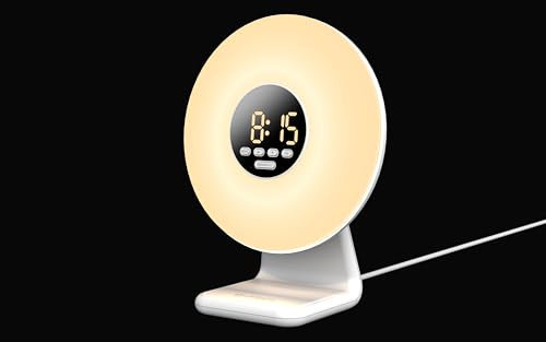 Evoom – Aura – Sveglia luminosa e radio – Suono della Natura, Funzione Snooze, Porta USB di ricarica, Simulazione del Sole, Specchio integrato – Bianco