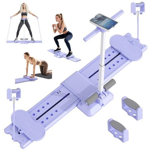 Kit Pilates Reformer, Machine à Ski 5 en 1, Planche de Pilate Pliable, Appareil Abdominaux, Push up Board, Poignées Amovibles avec Support Téléphone, pour le Renforcement du Core, Fessiers, Bras
