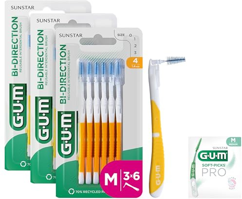 GUM BI-DIRECTION Scovolini interdentali a doppia posizione | Posizionamento a 90 gradi | pulizia dei denti e rimozione della placca | 1.4mm, ISO 4 | Taglia M |​ Confezione 3x6 + 1 campione gratuito