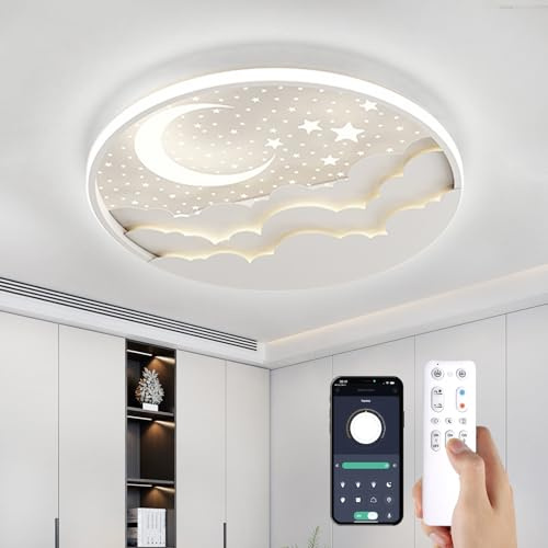 YZBEIMDAI Plafonnier LED lampe chambre d'enfant Dimmable, 50cm Créative Étoile Et Lune Acrylique Plafonnier, avec Télécommande APP, Veilleuse, minuterie, pour Filles Garçons Chambre