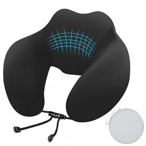 Romon Cuscino da viaggio a forma di U,cuscino da viaggio memory foam, supporto ergonomico a 360°, cordino regolabile, custodia rigida Per aereo auto treno Nero